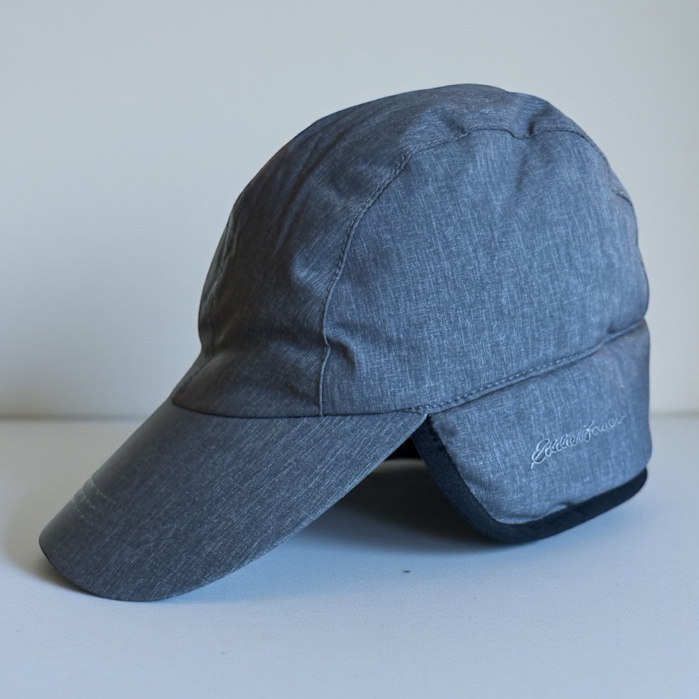 Eddie Bauer Black Gray Down Baseball Hat with Fleece Earflaps S/M